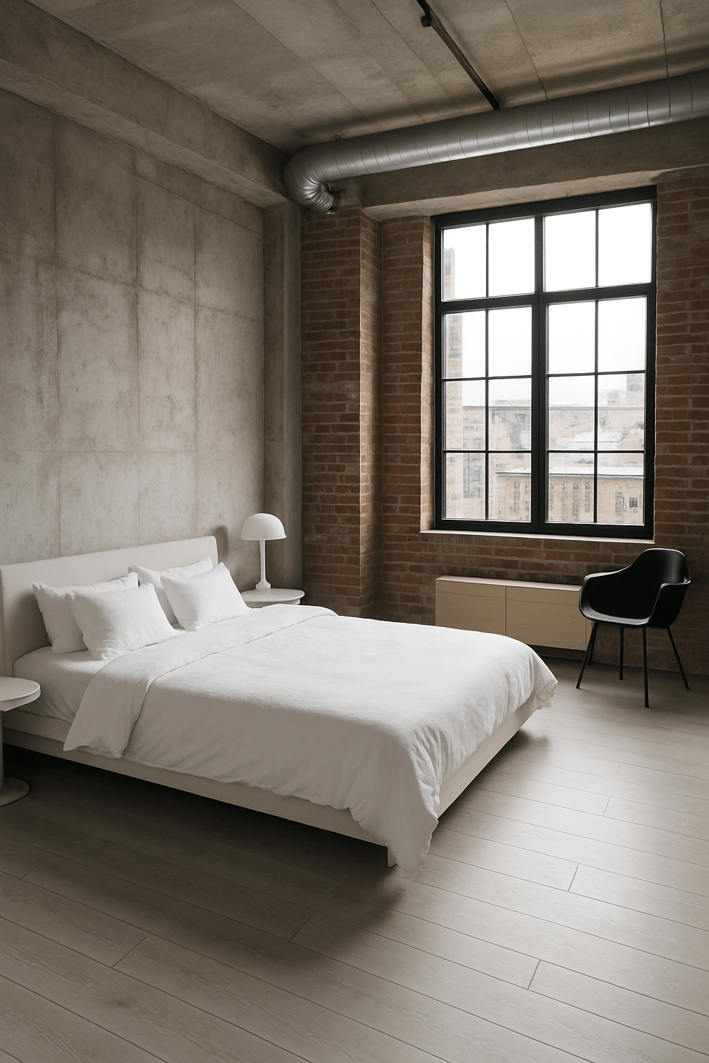 A contemporary urban loft bedroom featuring a white bed, exposed brick walls, and large windows.