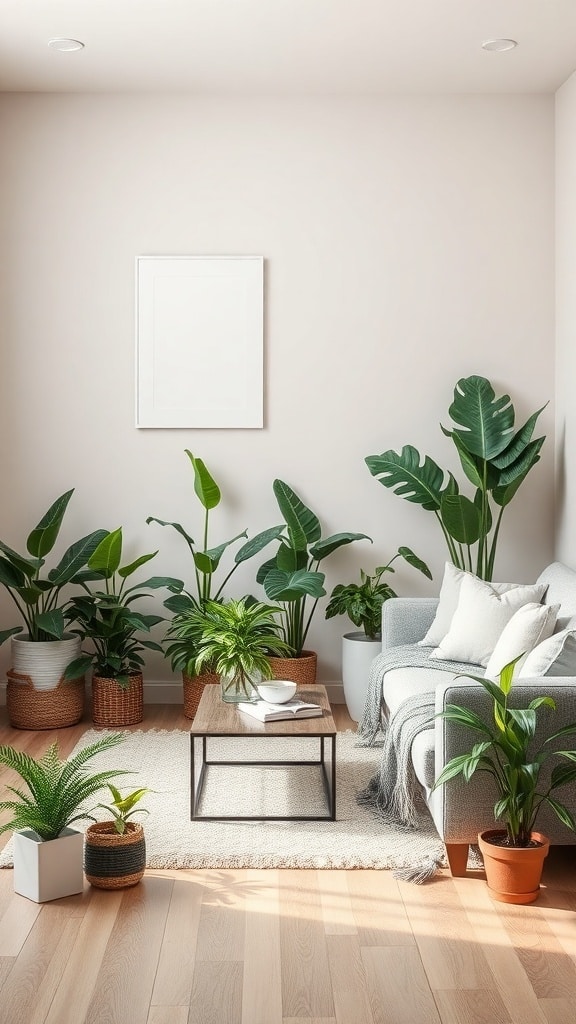 A cozy greige living room with various plants arranged around a sofa and coffee table.