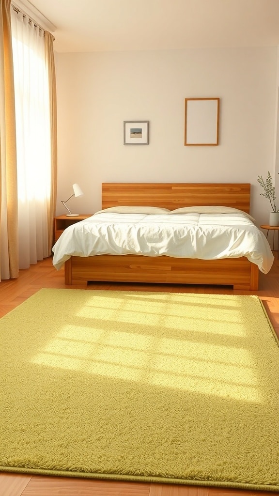 A cozy bedroom featuring a wooden bed and a bright yellow area rug