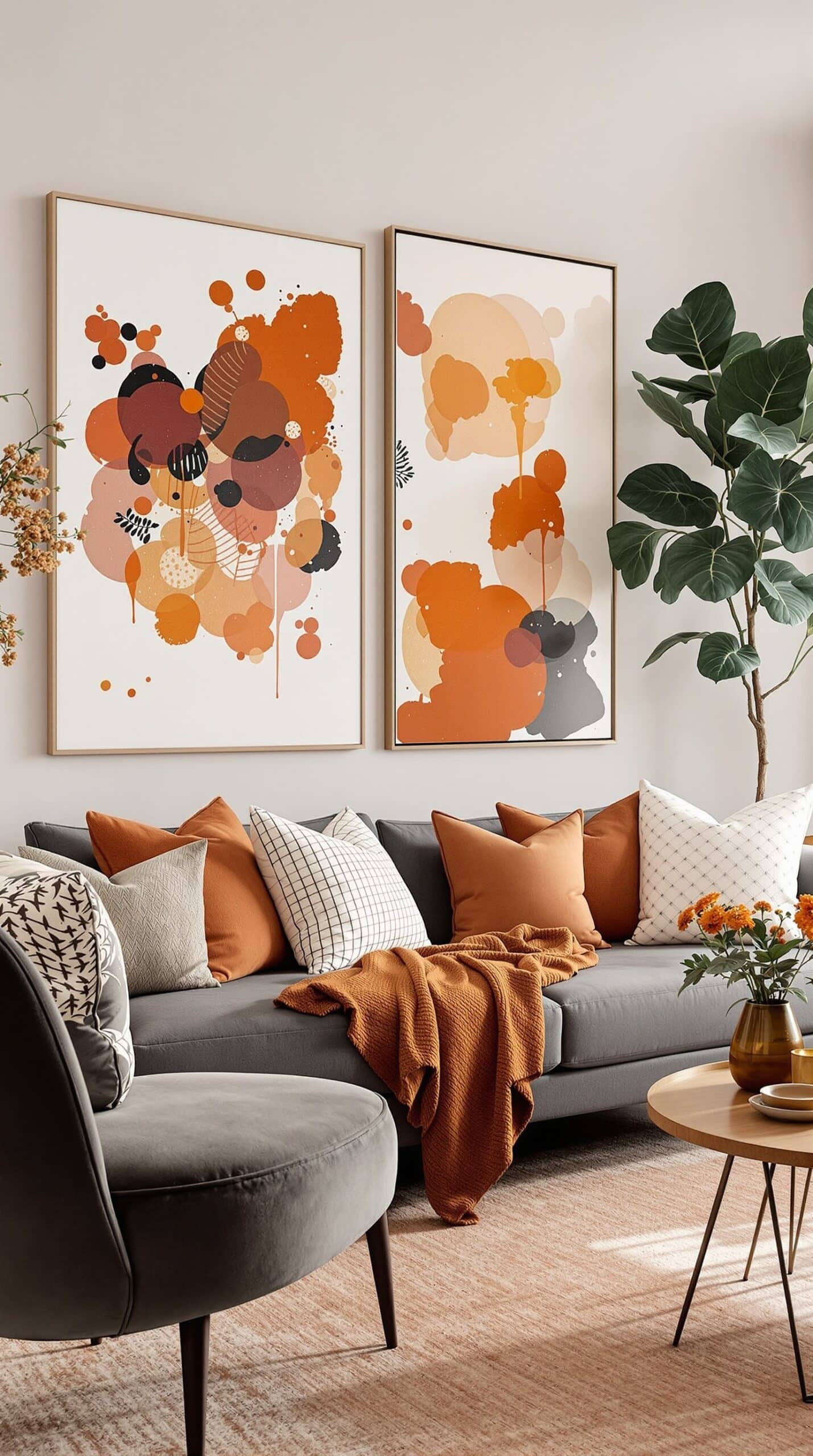 A stylish living room featuring rust orange decor, including a painting, chairs, and pillows, with a gray sofa and wooden flooring.