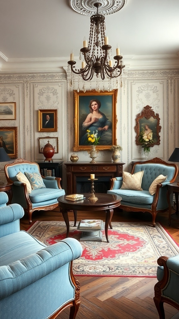 A vintage living room featuring antique furniture with dusty blue upholstery, elegant wooden frames, and classic artwork on the walls.