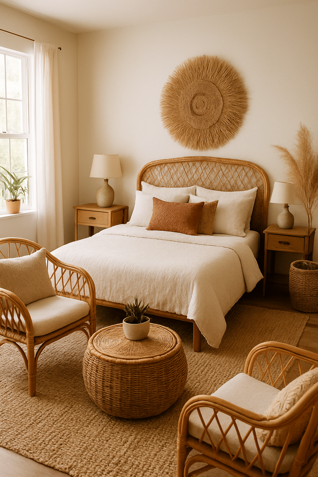 A cozy boho bedroom featuring a rattan bed, natural textures, and warm colors.