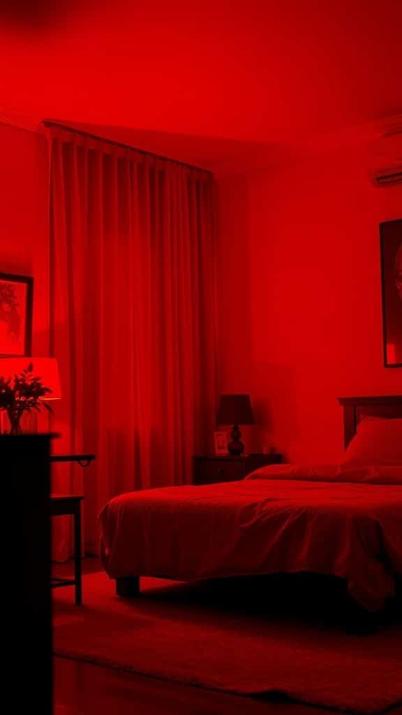 A cozy bedroom illuminated with red lighting, featuring a bed, curtains, and a lamp.