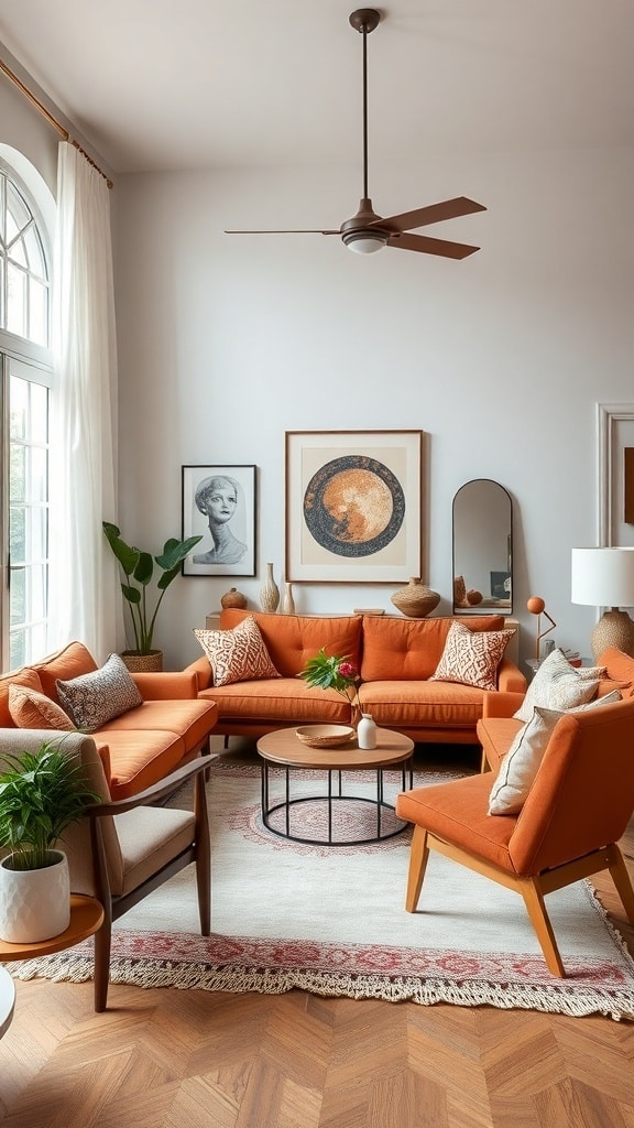 A cozy living room featuring terracotta sofas, vintage artwork, and a mix of modern and traditional decor elements.