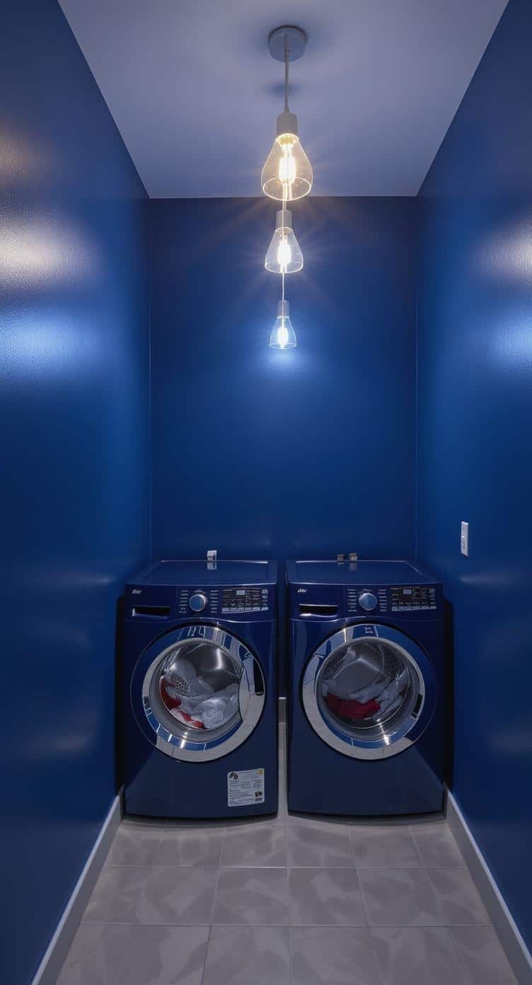 A laundry room with dark indigo walls and bright hanging light fixtures.