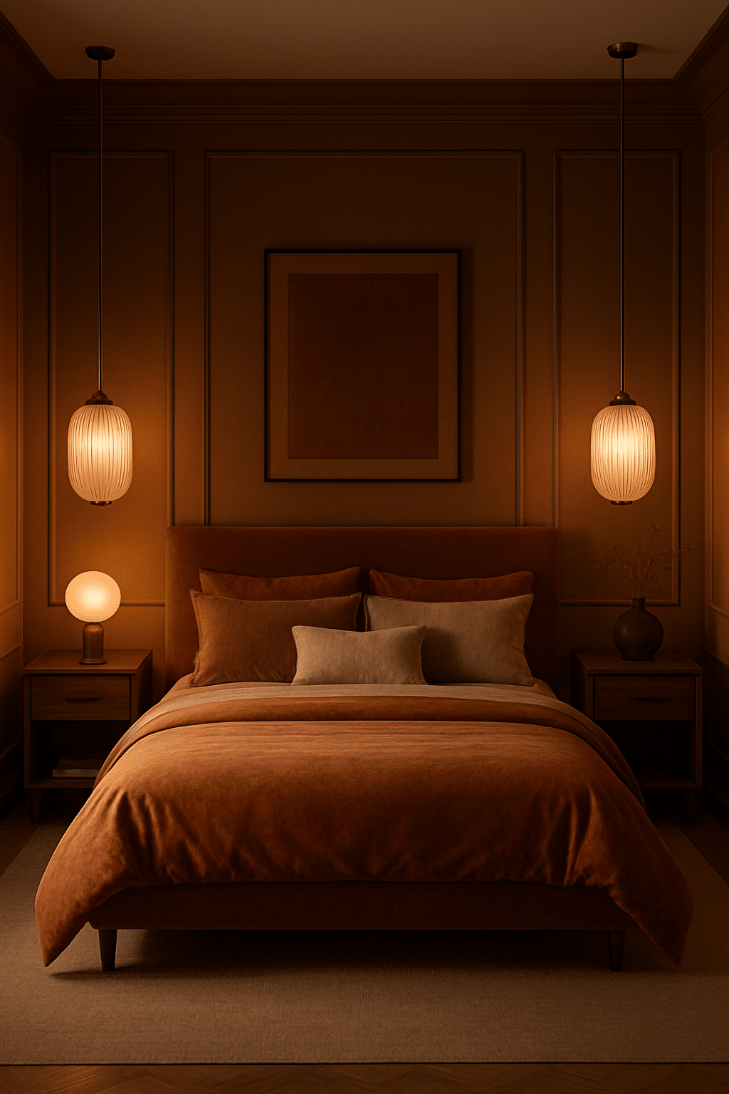 A cozy bedroom featuring burnt sienna tones with elegant lighting fixtures.