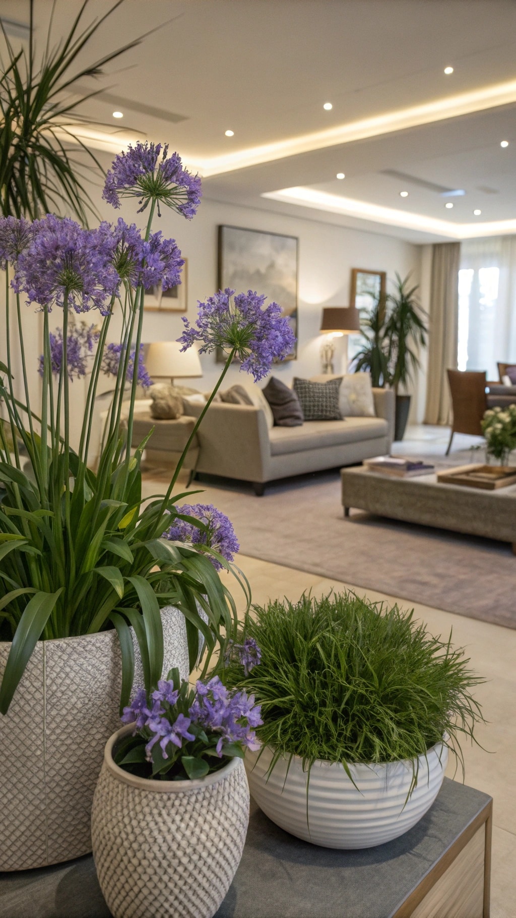 A luxurious living room featuring indoor plants with purple flowers and green grass in decorative pots.