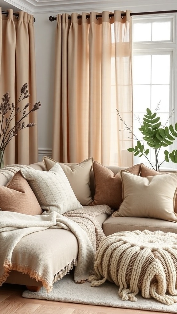 Cozy taupe living room with layered textures, including a sofa with various taupe pillows and throws, light taupe curtains, and a plant.