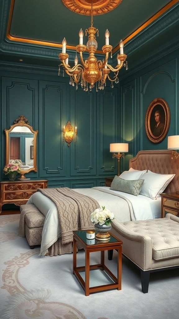 A luxurious bedroom featuring teal walls, gold accents, and elegant furniture.