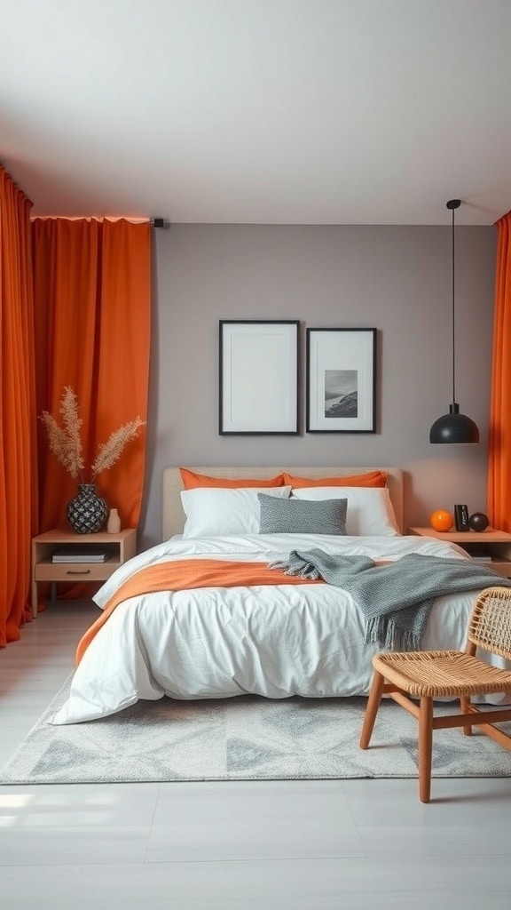 A cozy bedroom featuring an orange and gray color palette with curtains, bedding, and modern decor.