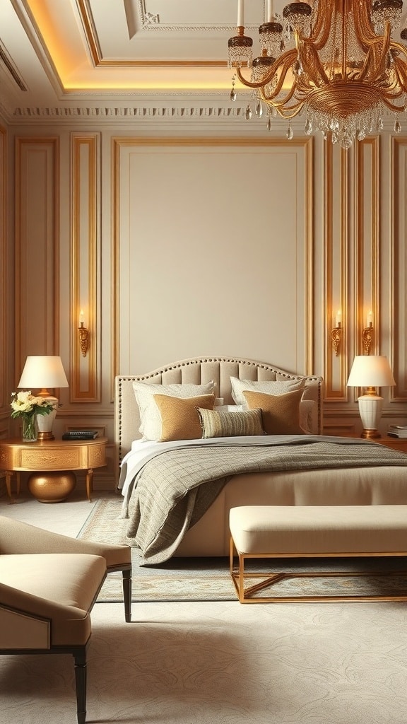 A stylish beige bedroom featuring gold accents, a chandelier, and elegant furniture.