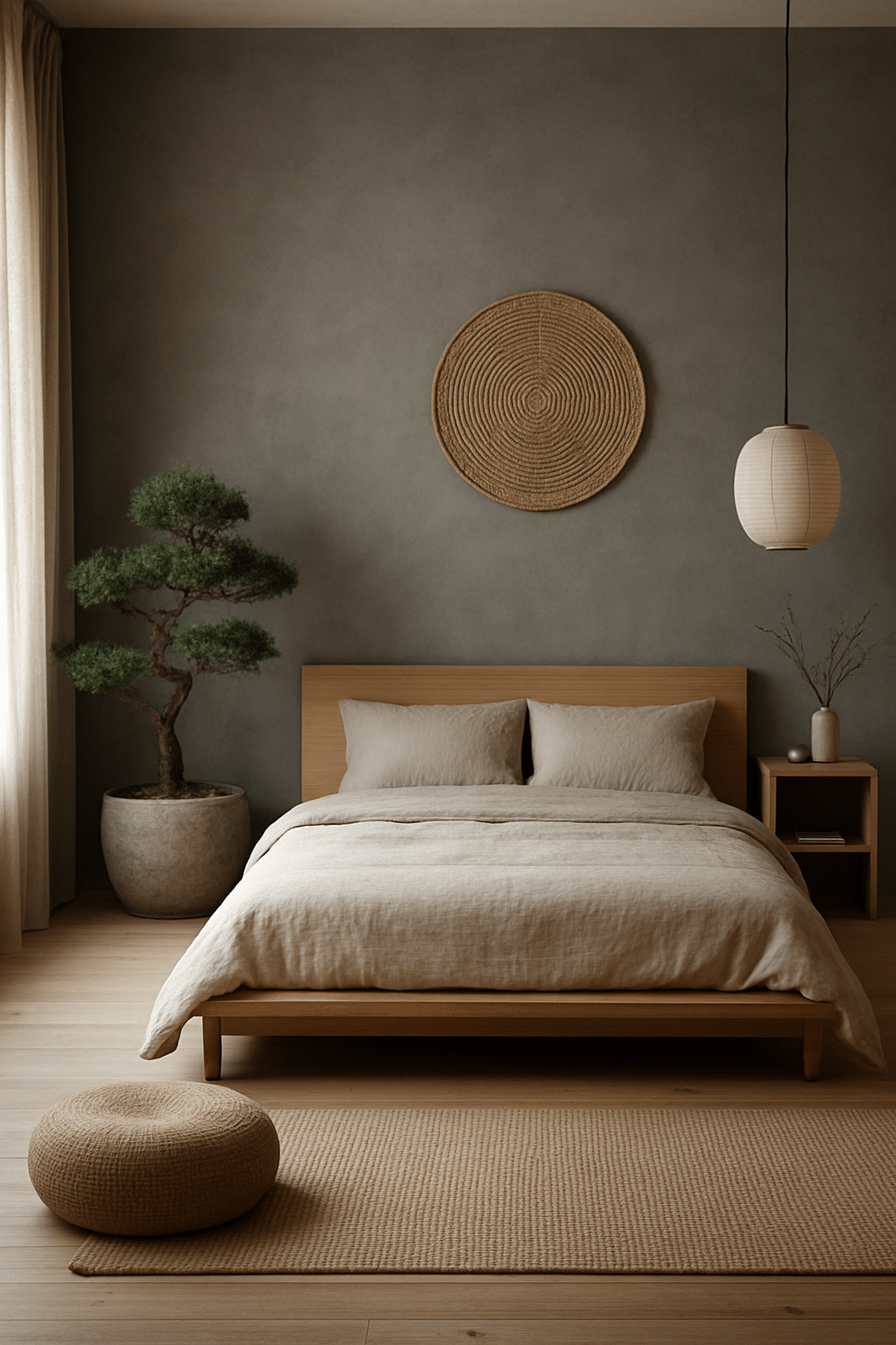 A modern gray bedroom featuring a wooden bed, bonsai tree, and natural decor elements.
