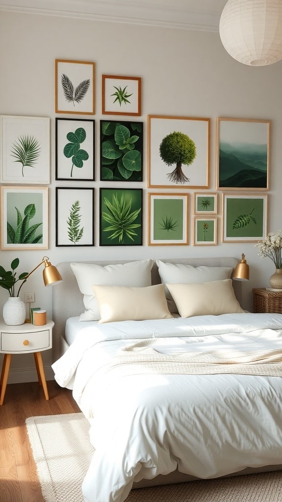 A cozy bedroom with a green wall art gallery featuring various botanical prints.