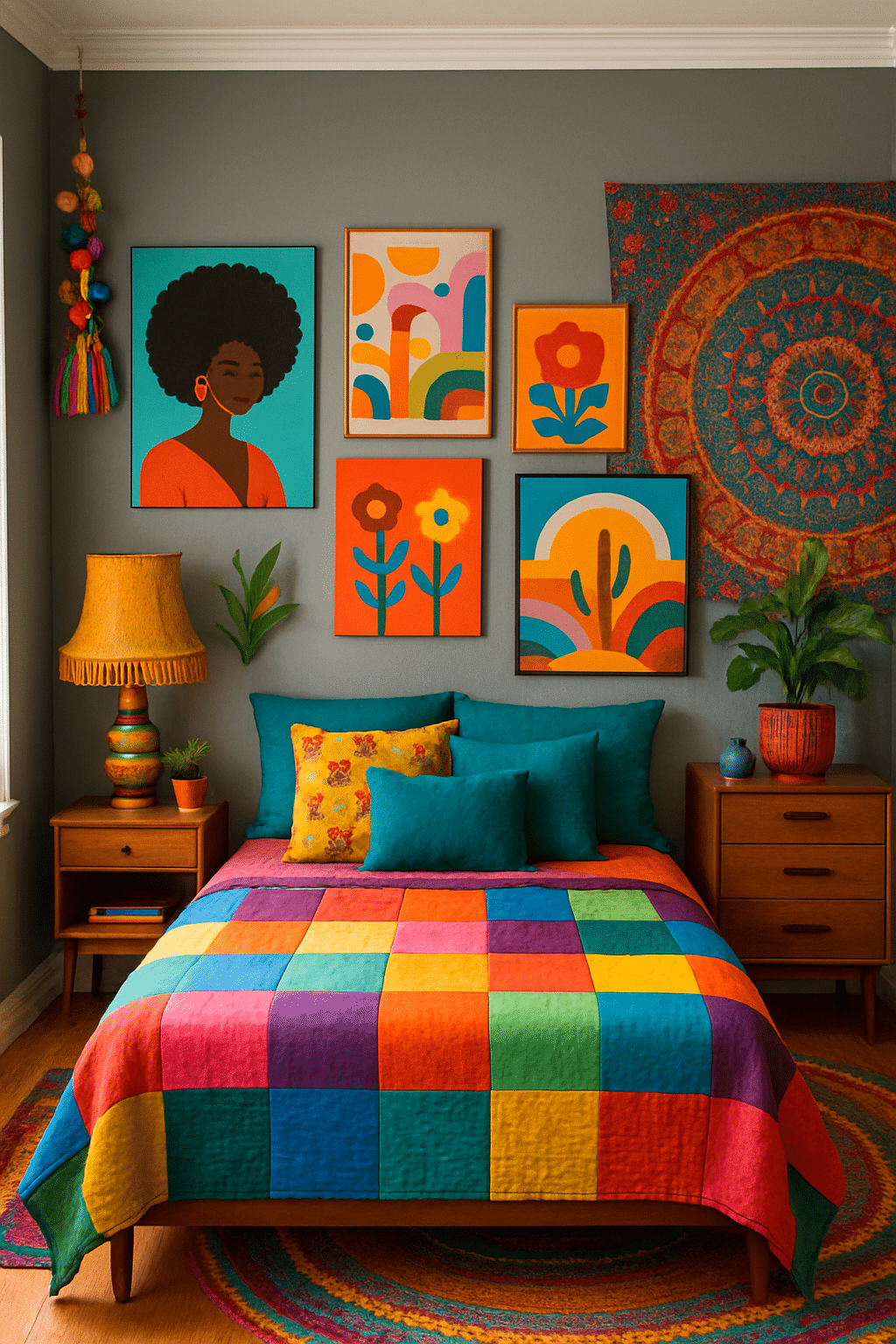 A colorful eclectic bedroom featuring gray walls, vibrant artwork, a patchwork quilt, and decorative plants.