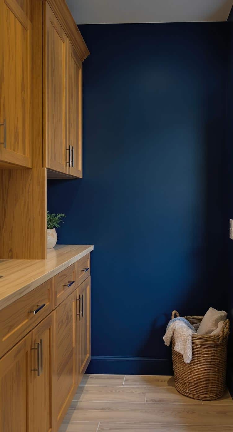 Laundry room with warm wood cabinets and indigo walls