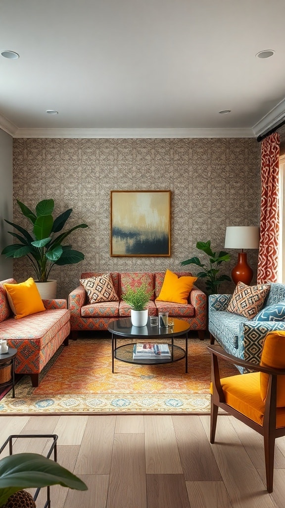 A vibrant living room featuring patterned sofas, mustard yellow cushions, and a colorful rug.