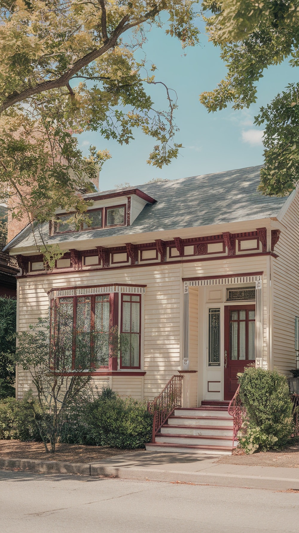 Vintage house exterior painted in accessible beige with burgundy details