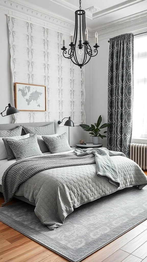 A stylish gray bedroom featuring a quilted bedspread, patterned pillows, textured walls, and a chandelier.