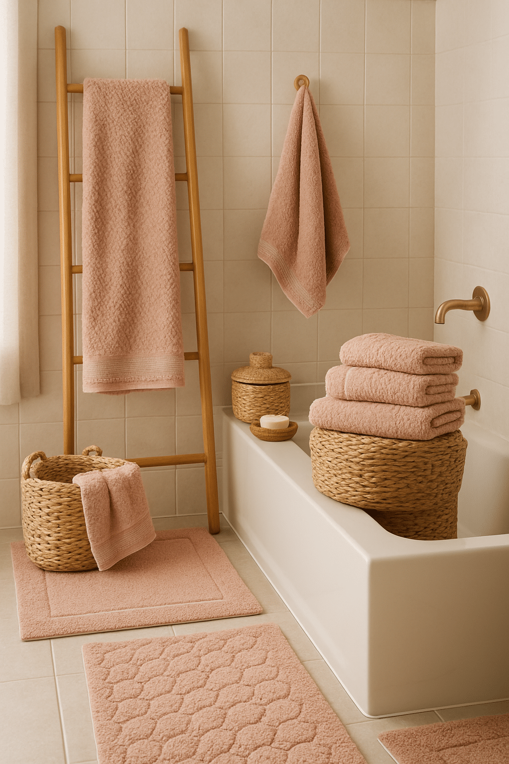 A cozy blush pink bathroom featuring textured towels, mats, and woven accessories.