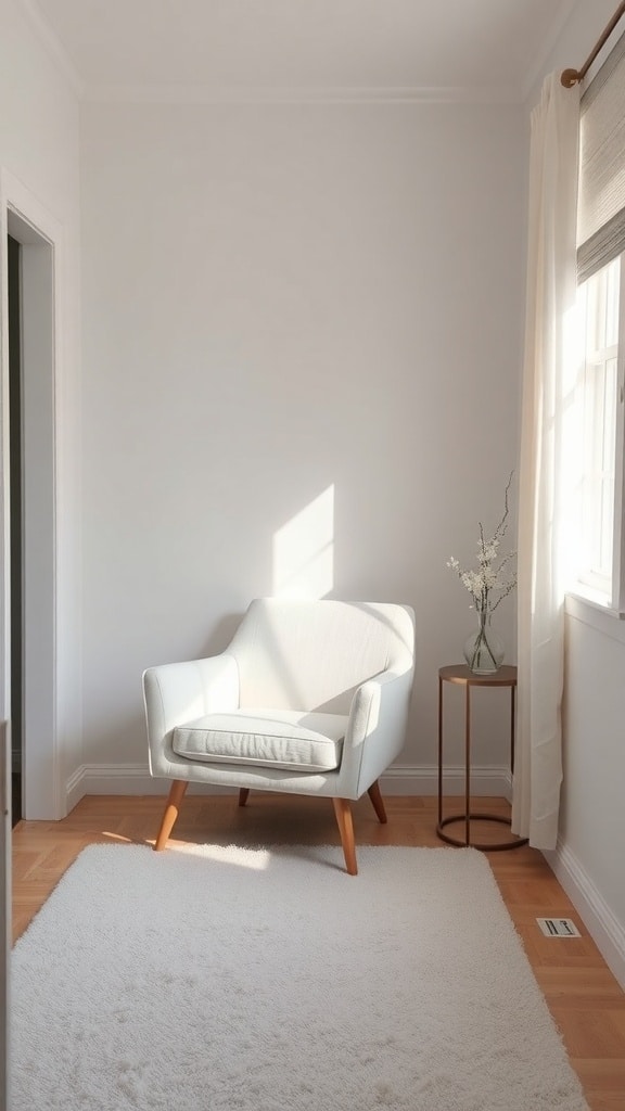 A chic white accent chair in a bright, minimal bedroom with a small side table and flowers.