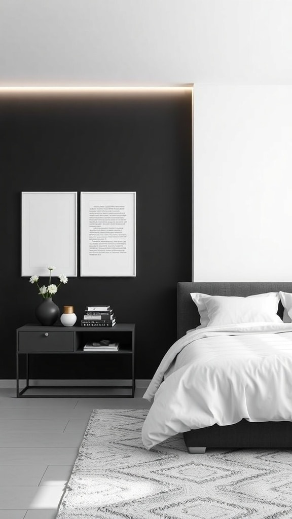 A minimalist bedroom featuring a sleek black nightstand, white bedding, and a black accent wall.