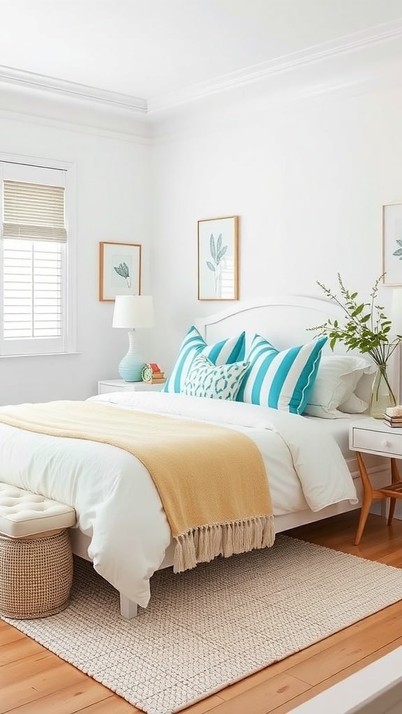 A bright bedroom featuring cerulean blue and white striped pillows, white bedding, and a yellow throw blanket.