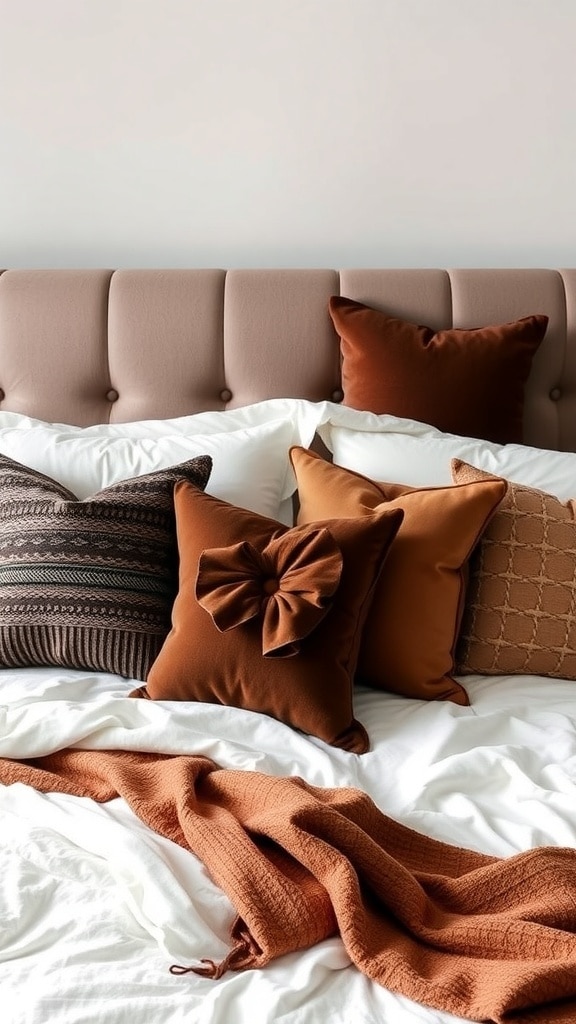 A bed with chocolate-themed accent pillows in warm tones, featuring various textures and designs.
