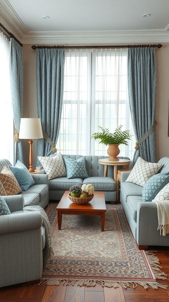 A cozy living room featuring dusty blue textiles, patterned cushions, and a vintage rug.