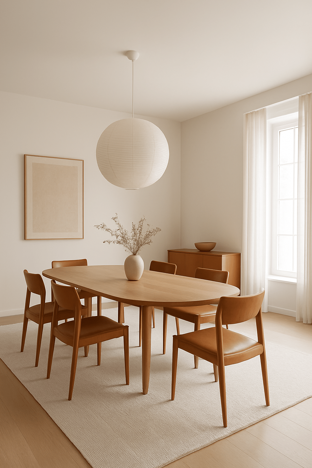 A minimalist dining room featuring an oval wooden table with caramel chairs, a round pendant light, and a neutral color palette.