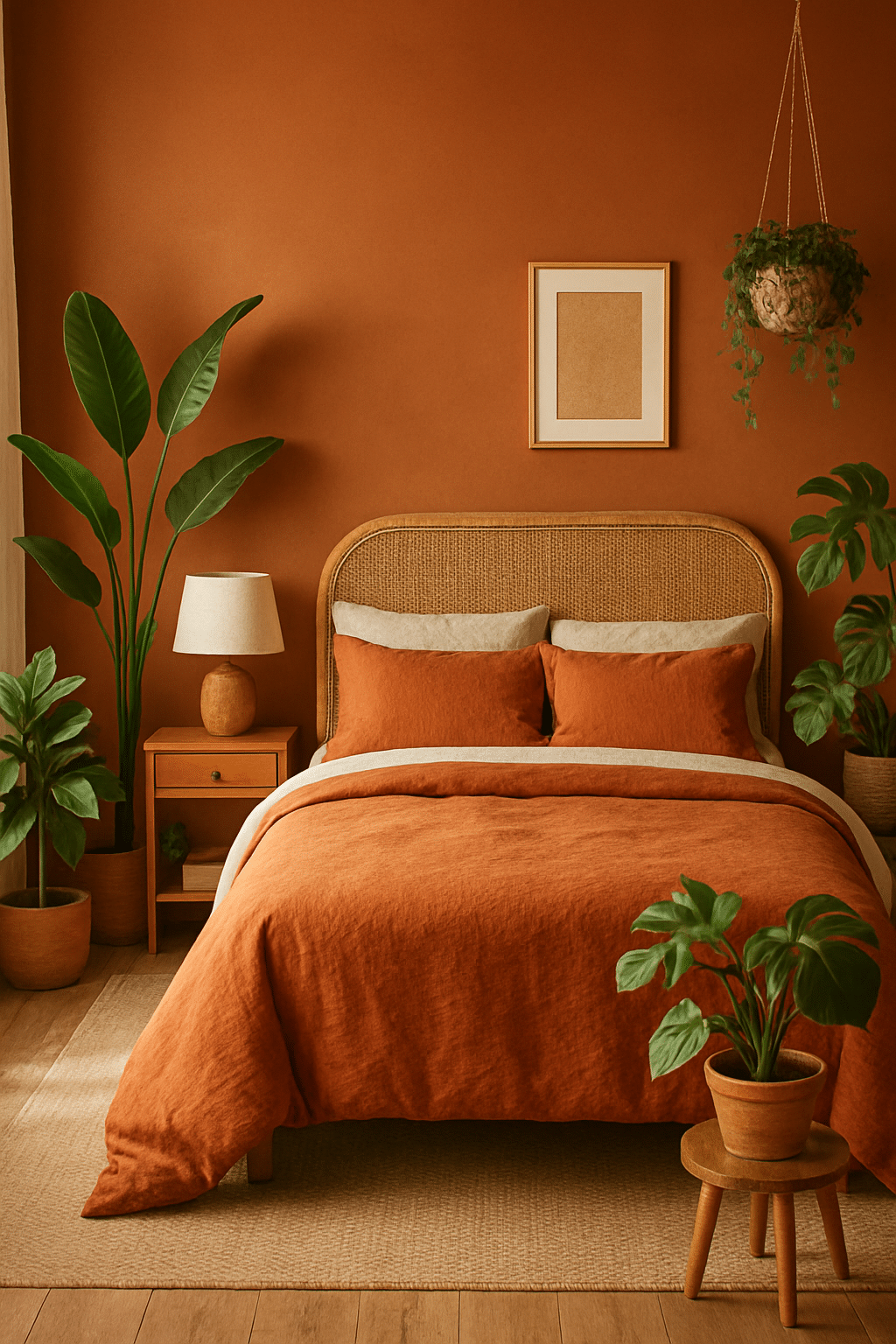 A cozy bedroom with burnt sienna walls, a comfortable bed, and various green plants.
