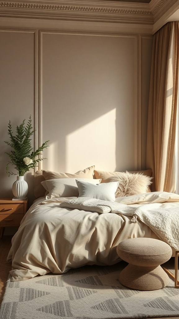 A stylish beige bedroom featuring layered textures, plush bedding, and natural light.