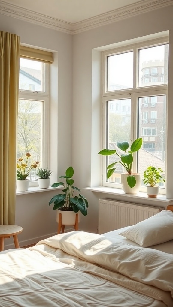 A bright bedroom featuring ceramic green planters with various plants on window sills, showcasing a cozy and inviting atmosphere.