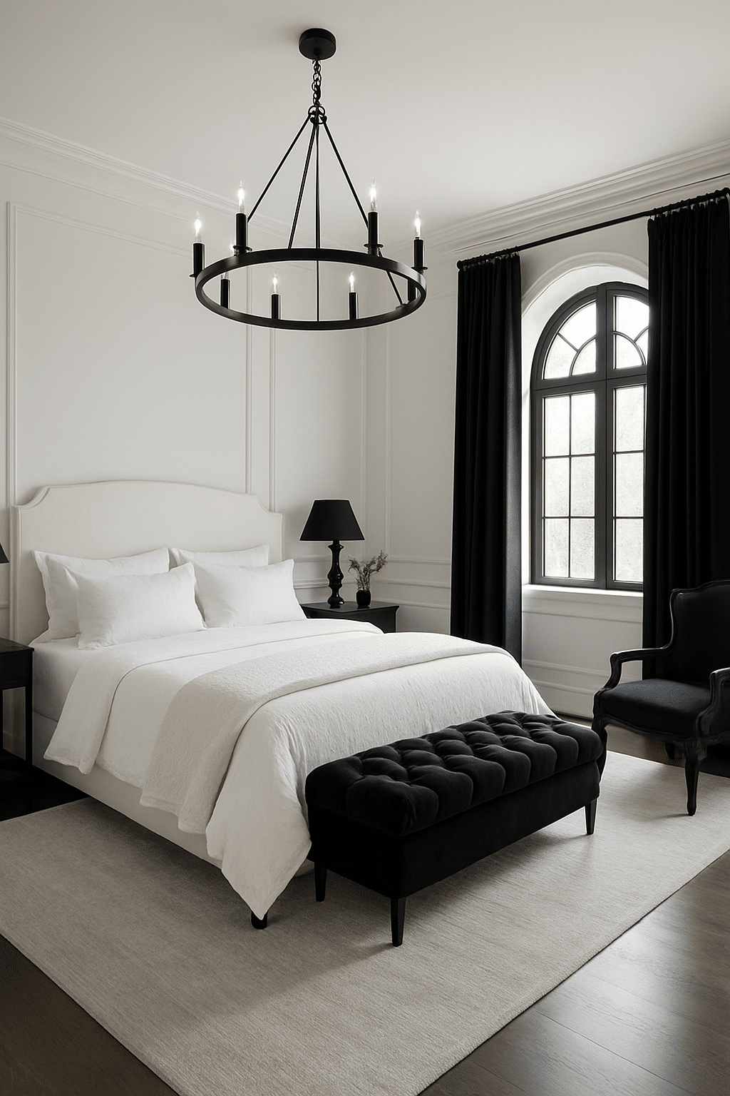 A sophisticated black and white bedroom featuring a white bed, black chandelier, and dark curtains.