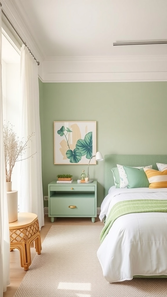 A pastel green bedroom featuring soft green walls, a matching bed, and natural wood furniture.