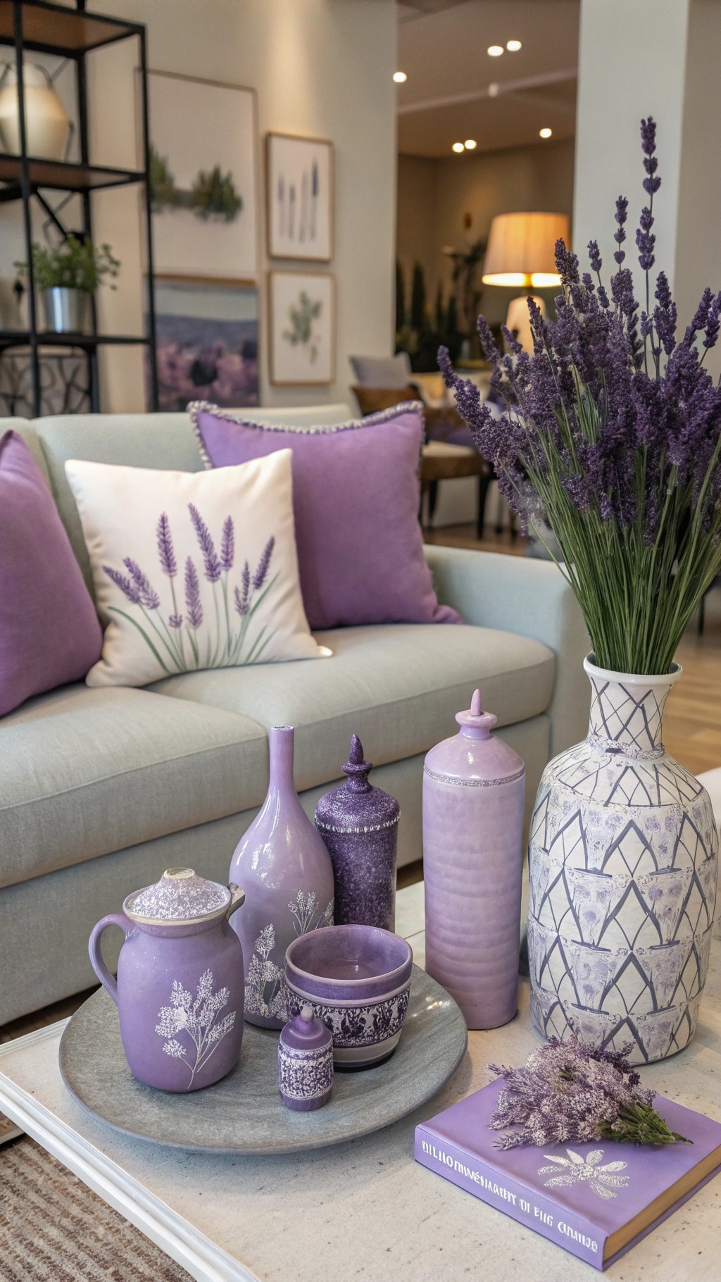 A stylish living room featuring lavender accents, including pillows, vases, and fresh lavender.