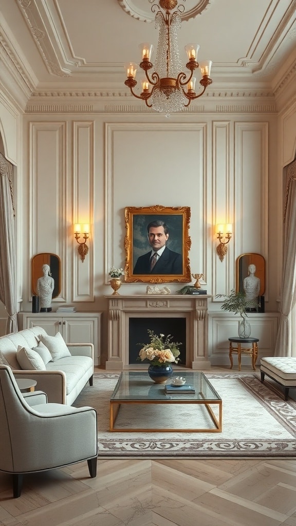 Elegant cream living room with gold accents, featuring a chandelier, cream furniture, and a gold-framed portrait.