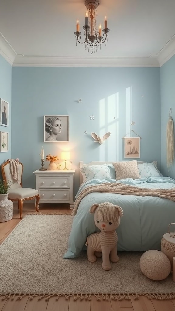 A serene light blue bedroom with a plush bed, vintage chair, and whimsical decor.