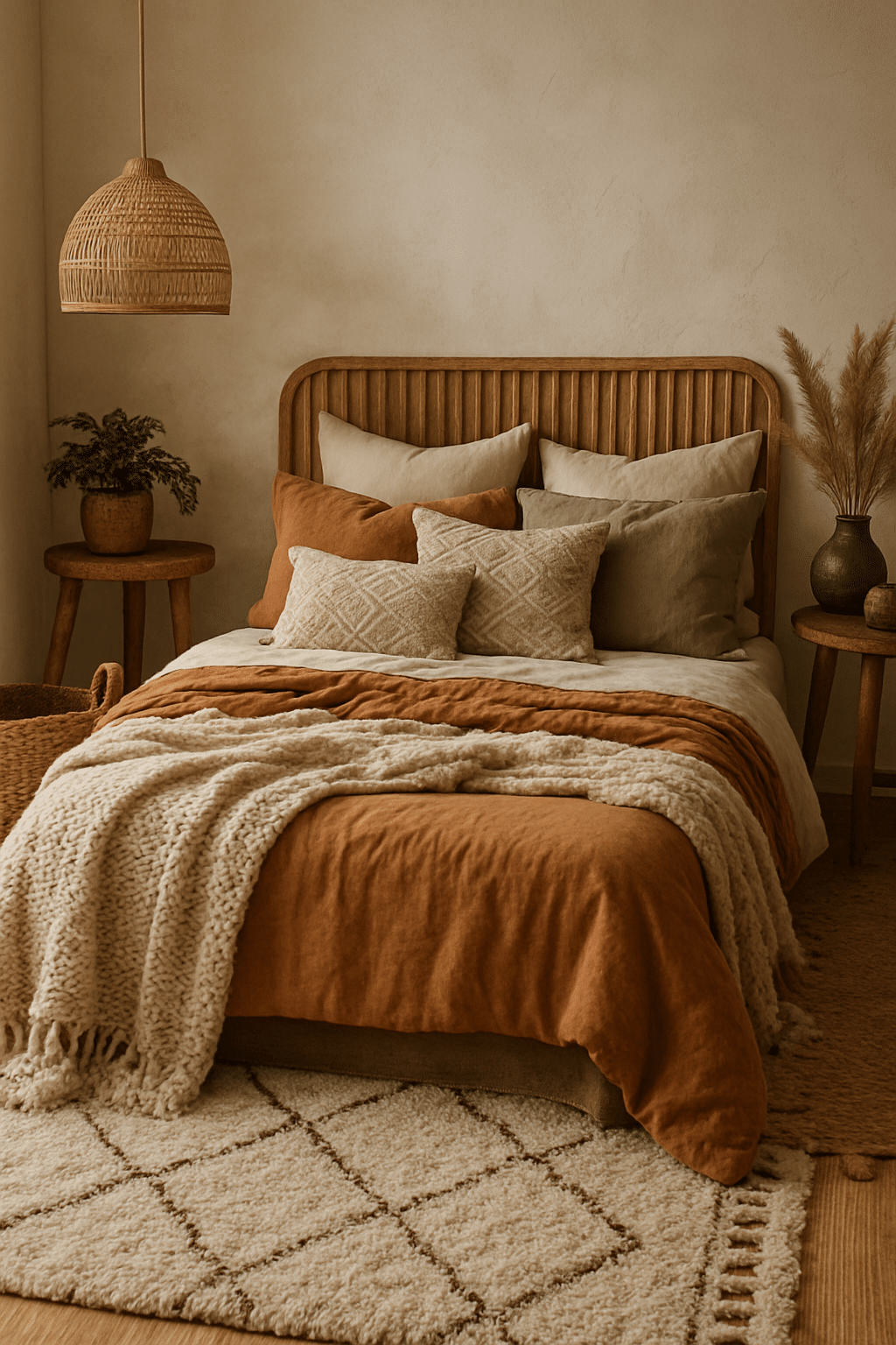 A cozy bohemian bedroom featuring a wooden bed frame, layered blankets, and decorative pillows in earthy tones.