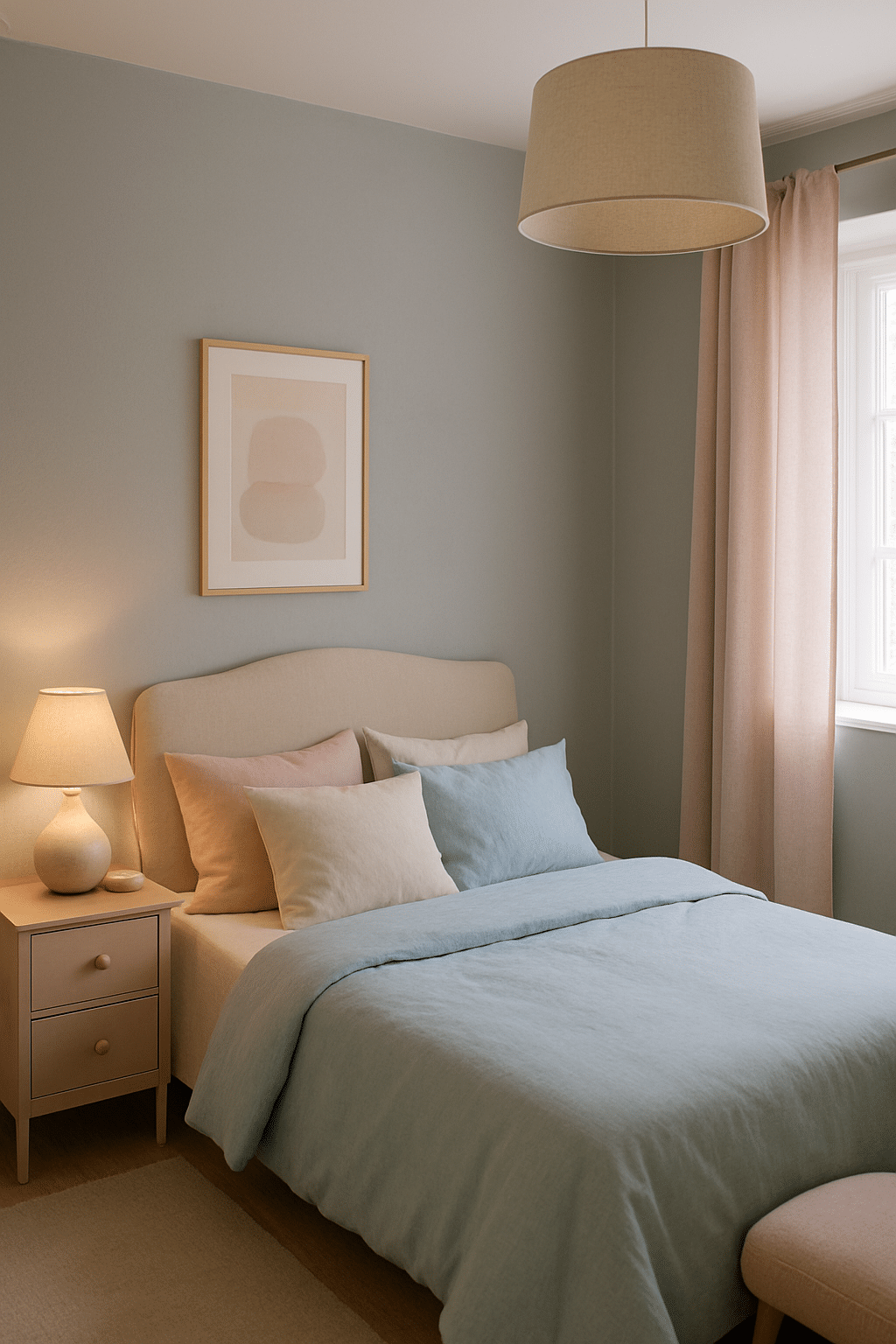 A serene bedroom with soft gray walls, pastel bedding, and natural light.