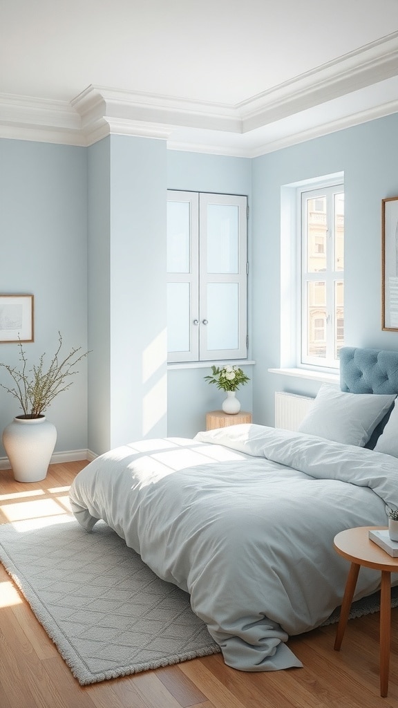 A serene bedroom with soft blue pastel walls, light bedding, and natural light.