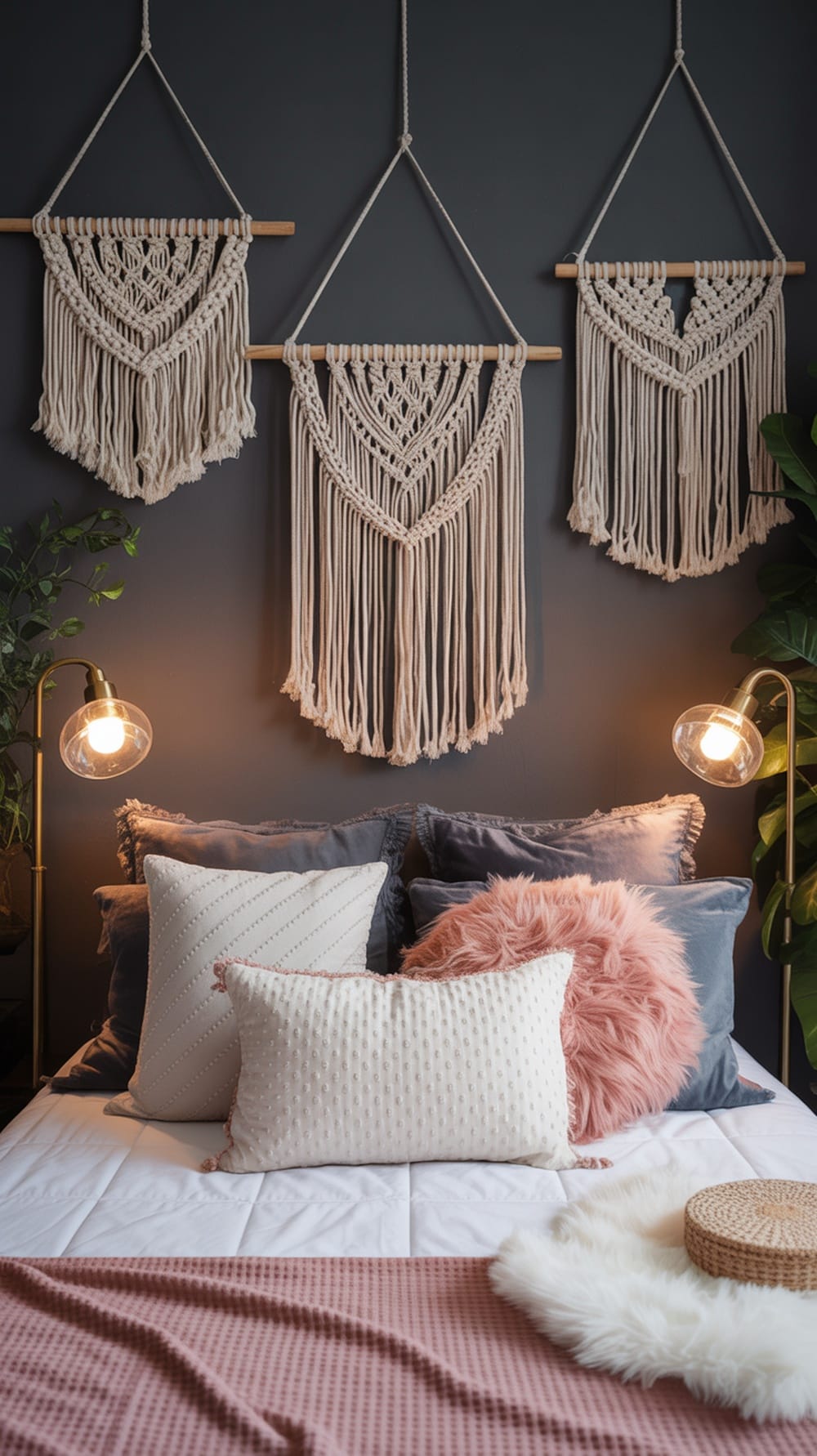 Macramé wall hangings in a dorm room with pillows and a cozy atmosphere.
