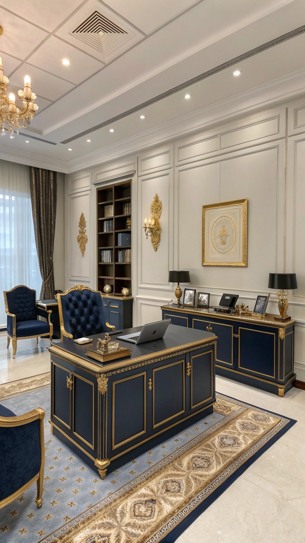 An elegant office featuring a navy blue and gold color scheme with a luxurious desk, plush chairs, and decorative accents.