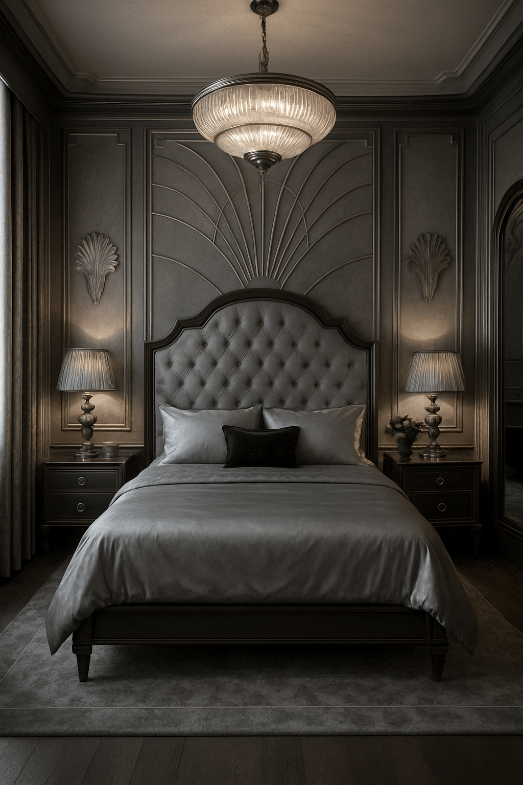 A luxurious gray bedroom featuring a tufted headboard, elegant wall detailing, and stylish lighting.