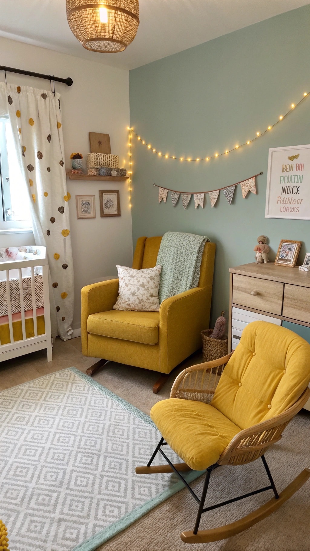 A mustard yellow nursery featuring a cozy armchair, rocking chair, and a crib, with playful decorations and soft lighting.