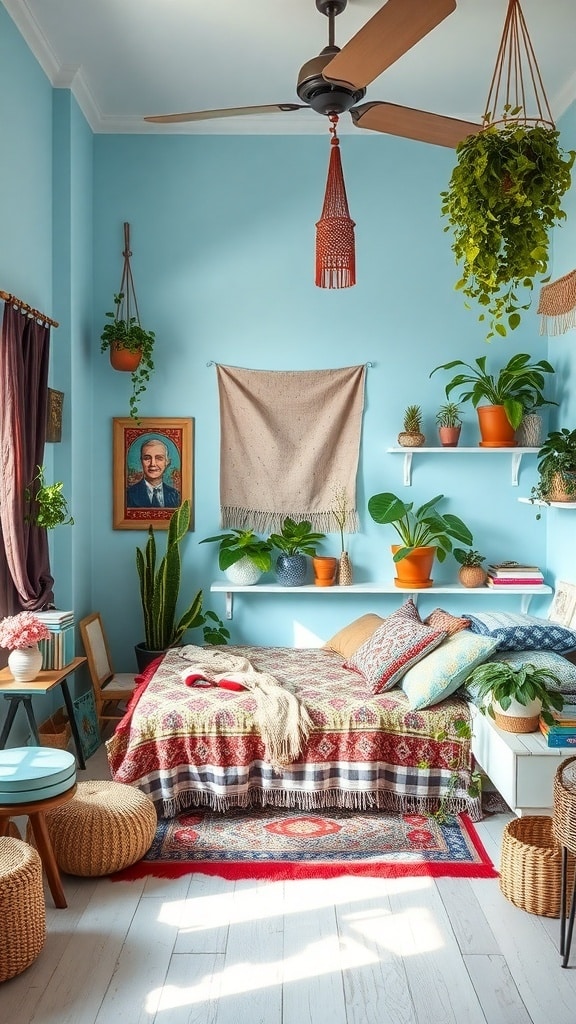 A light blue bedroom with bohemian decor, featuring plants, a colorful bedspread, and cozy furnishings.