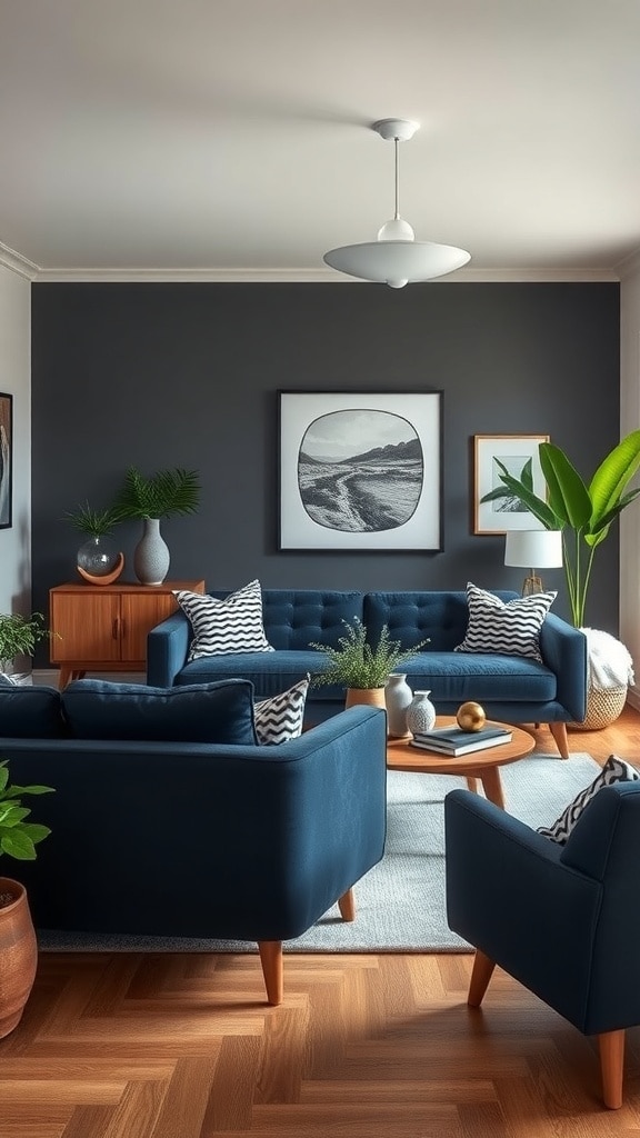 A stylish living room featuring navy blue furniture, natural plants, and wooden accents.