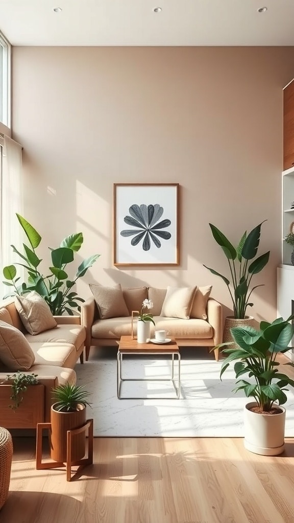 A taupe living room with various green plants, beige furniture, and a wooden coffee table.
