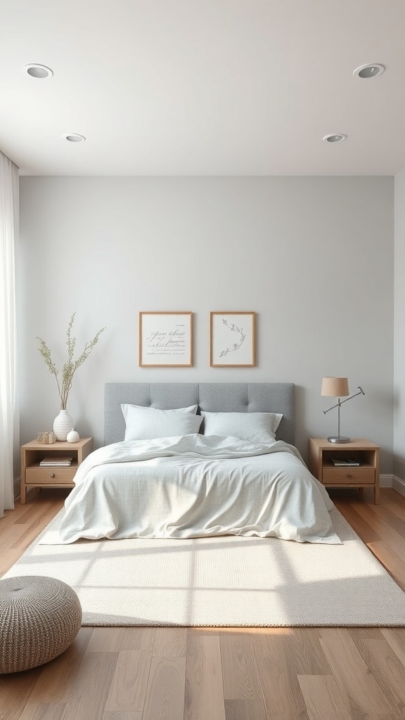 A serene gray bedroom featuring a cozy bed, natural wood accents, and soft lighting.