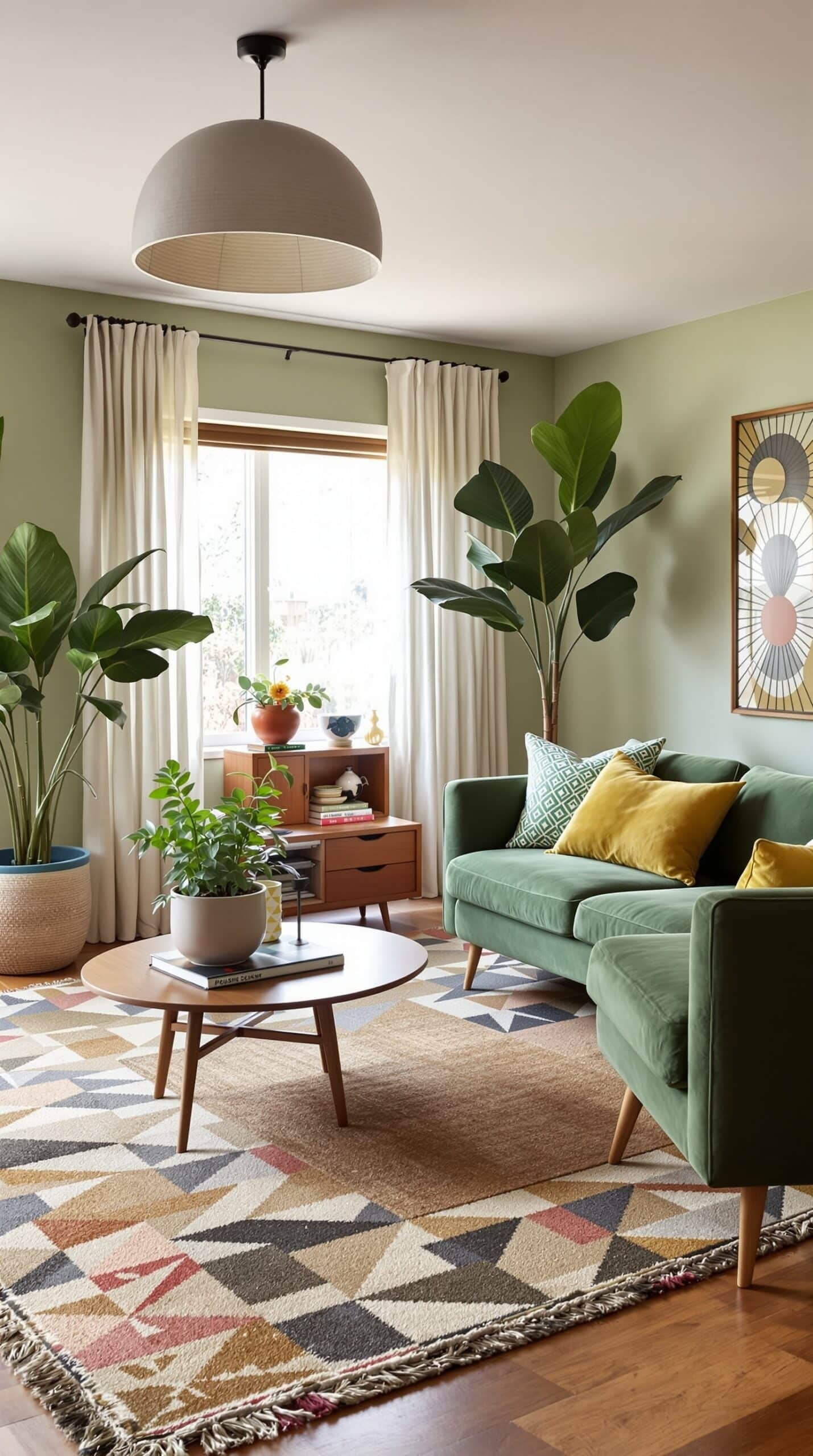 Stylish olive green living room featuring mid-century modern furniture, a white brick fireplace, and colorful accents.