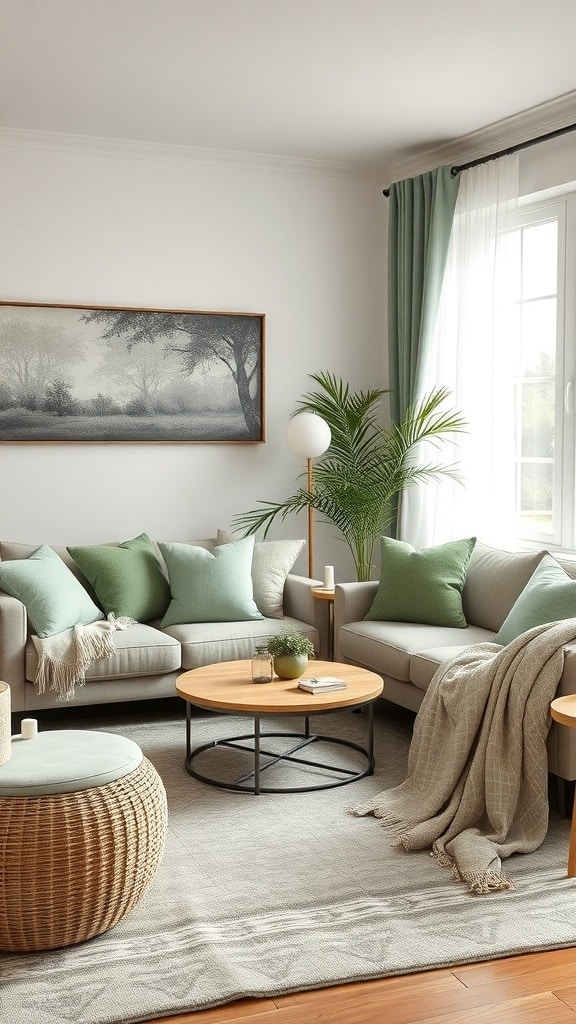 A cozy living room featuring sage green soft furnishings, including cushions and curtains, with a light gray sofa and natural elements.